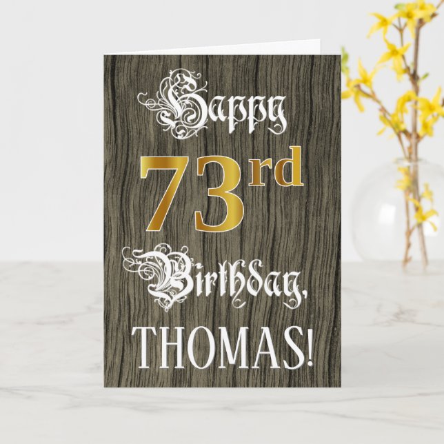 Carte 73e anniversaire : Faux Gold Look + Faux Wood Moti (Fleur jaune)