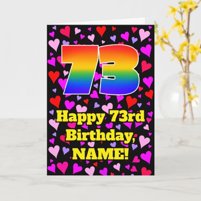 Carte 73e Anniversaire : Motif de cœurs aimants, Arc-en- (Fleur jaune)