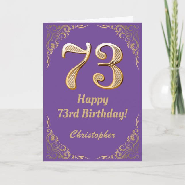 Carte 73e anniversaire Parties scintillant violet et or (Devant)
