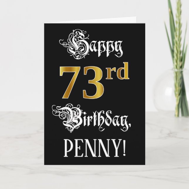 Carte 73e anniversaire — Script fantaisie; look or Faux; (Devant)