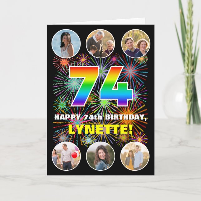 Carte 74e anniversaire : Arc en ciel amusant #, Nom pers (Devant)