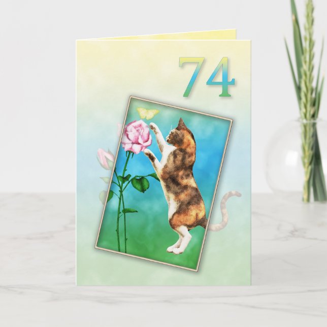 Carte 74e anniversaire avec un chat ludique (Devant)