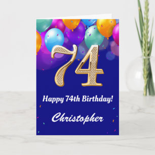 Carte 74e anniversaire Ballons bleu et or couleur marine