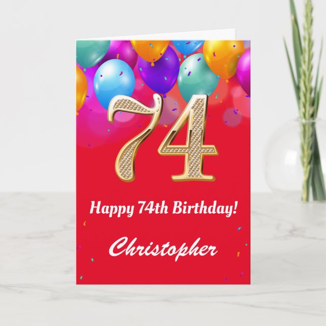 Carte 74e anniversaire Ballons rouges et dorés (Devant)