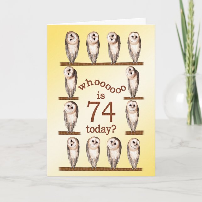 Carte 74e anniversaire, Curious owls card. (Devant)