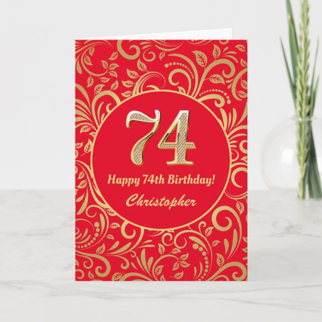 Carte 74e anniversaire Motif Floral rouge et or (Devant)