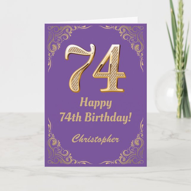 Carte 74e anniversaire Parties scintillant violet et or (Devant)