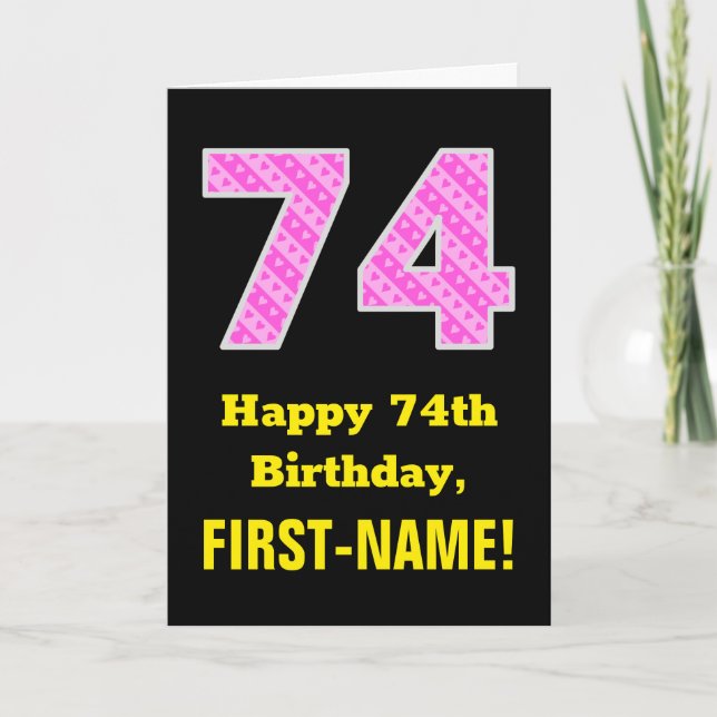 Carte 74e anniversaire : Pink Stripes and Hearts "74" +  (Devant)