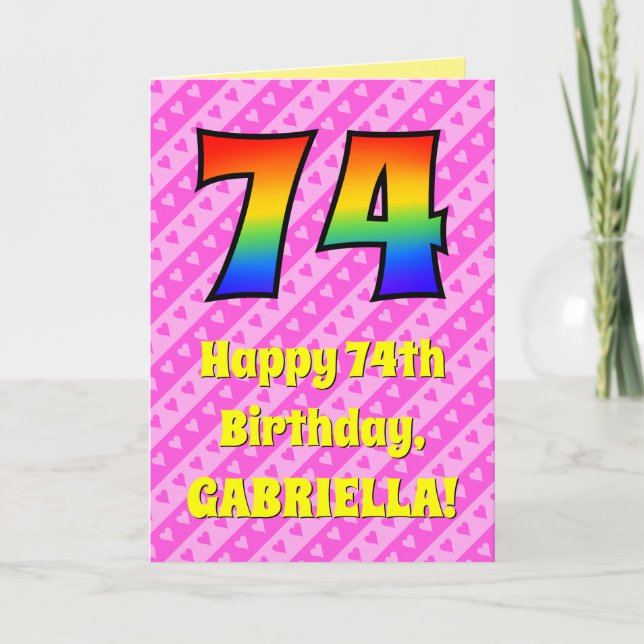 Carte 74e anniversaire : Pink Stripes & Hearts, Arc en c (Devant)