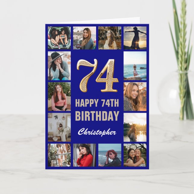 Carte 74e Joyeux Anniversaire Marine Bleu & Gold Photo C (Devant)