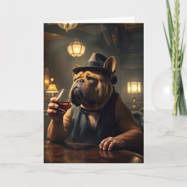 Carte 75e anniversaire Bulldog tenant un verre (Devant)