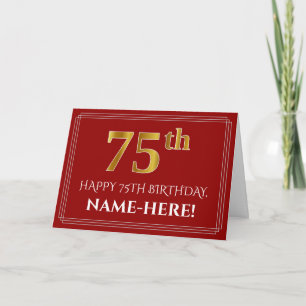 Carte "75e" Anniversaire élégant aspect or faux, nom (ro