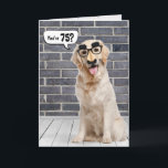 Carte 75e anniversaire Funny Golden Retriever Card<br><div class="desc">Un récupérateur d'or portant un drôle de masque de moustache sur un mur en brique grise et le parquet avec bulle vocale pour 75ème anniversaire. Peut être changé pour n'importe quel âge d'anniversaire. Le texte est modifiable.</div>