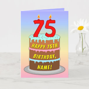 Carte 75e anniversaire — Gâteau amusant et bougies, avec