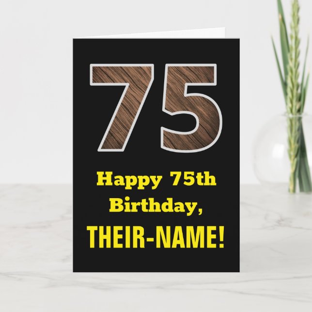 Carte 75e anniversaire : Nom, Motif Faux Wood Grain "75" (Devant)