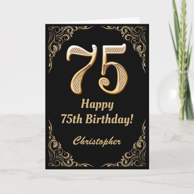 Carte 75e anniversaire Parties scintillant noir et or (Devant)