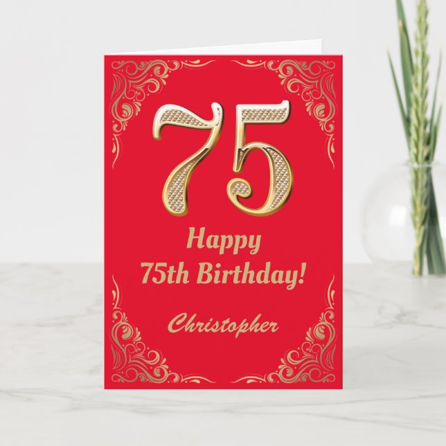 Carte 75e anniversaire Parties scintillant rouge et or (Devant)