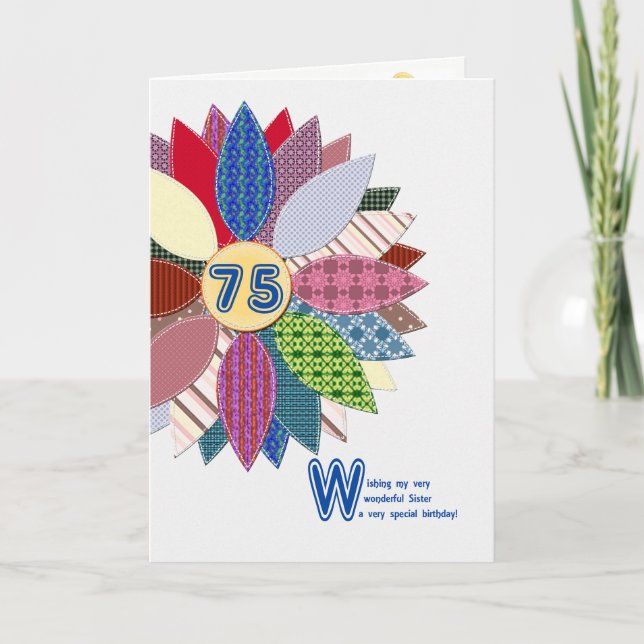 Carte 75e anniversaire pour soeur, fleur cousue (Devant)