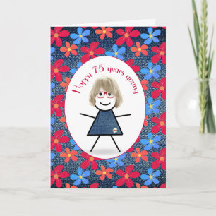 Carte 75e Anniversaire Stick Girl and Daisies On Denim