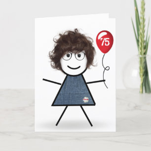 Carte 75e Anniversaire Stick Girl avec Ballons Rouge