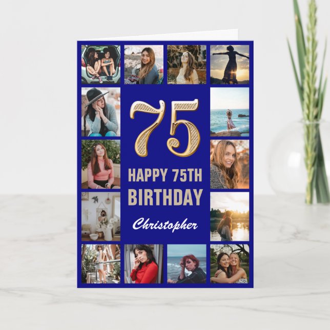 Carte 75e Joyeux Anniversaire Marine Bleu & Gold Photo C (Devant)
