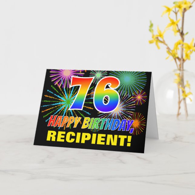 Carte 76e anniversaire : Gras, Amusants, Feu d'artifice, (Fleur jaune)