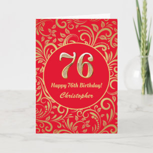 Carte 76e anniversaire Motif Floral rouge et or
