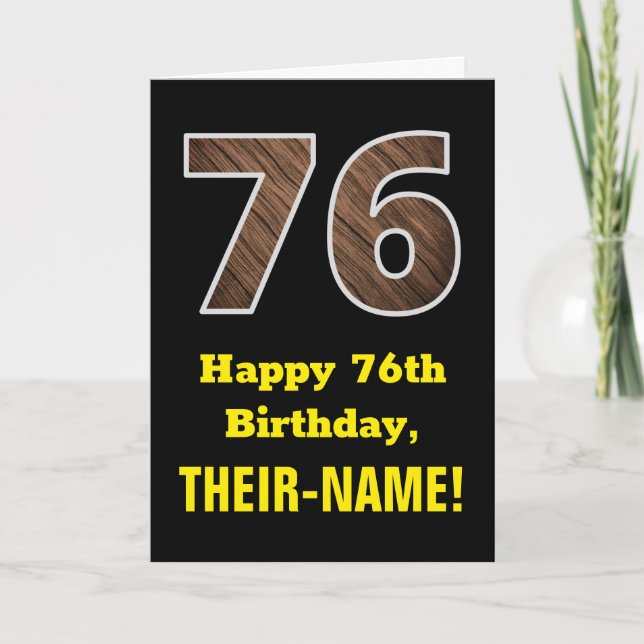 Carte 76e anniversaire : Nom, Motif Faux Wood Grain "76" (Devant)