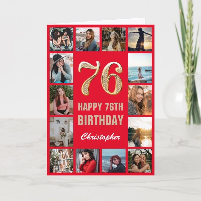 Carte 76e Joyeux anniversaire Collage photo rouge et or (Devant)