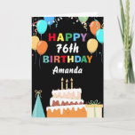 Carte 76e Joyeux anniversaire Colorful Balloons Cake Bla<br><div class="desc">76e Happy Birthday Colorful Balloons Cake Black with personalized. For further customization,  please click the "Customize it" button and use our design tool to modify this template.</div>