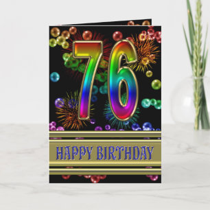Carte 76ème anniversaire avec bulles arc-en-ciel et feux