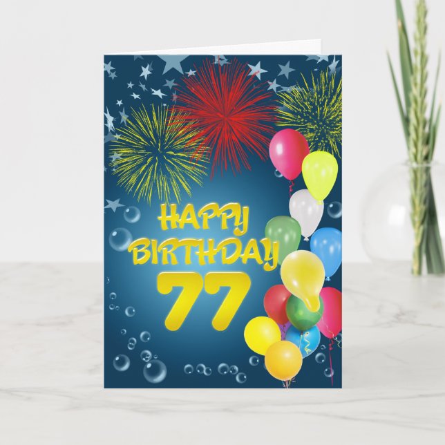 Carte 77e anniversaire avec feux d'artifice et bal (Devant)