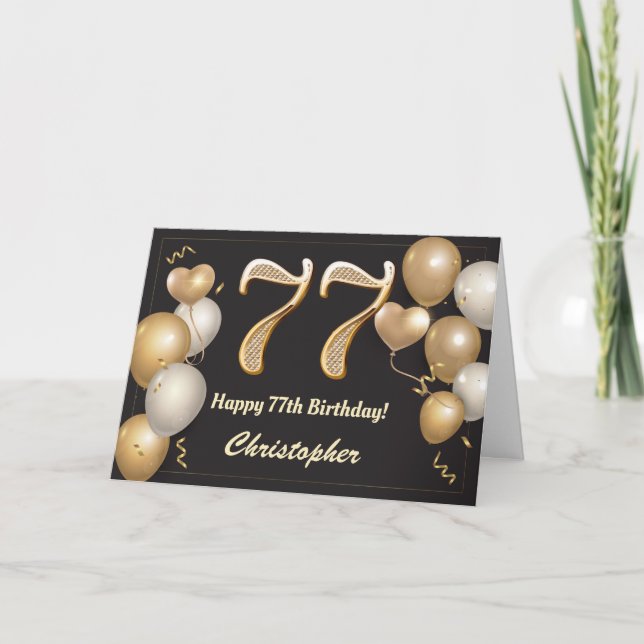 Carte 77e anniversaire Ballons noirs et or Anniversaire (Devant)