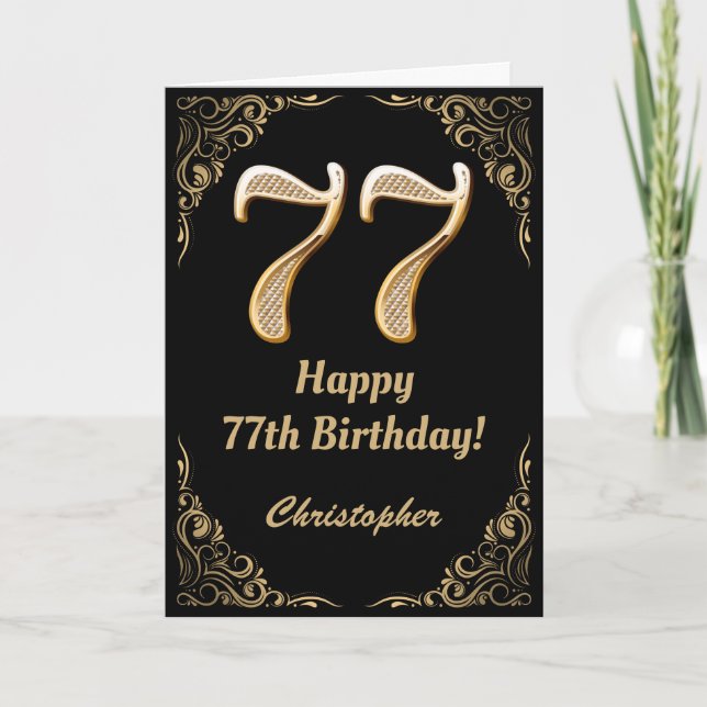 Carte 77e anniversaire Parties scintillant noir et or (Devant)