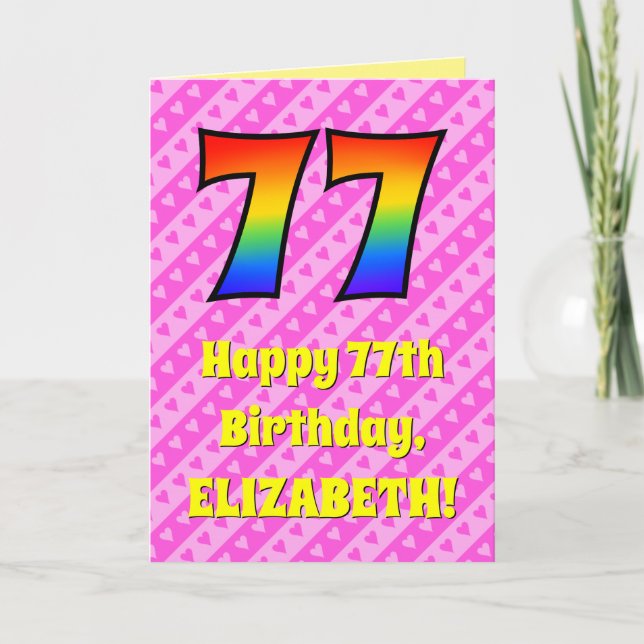 Carte 77e anniversaire : Pink Stripes & Hearts, Arc en c (Devant)