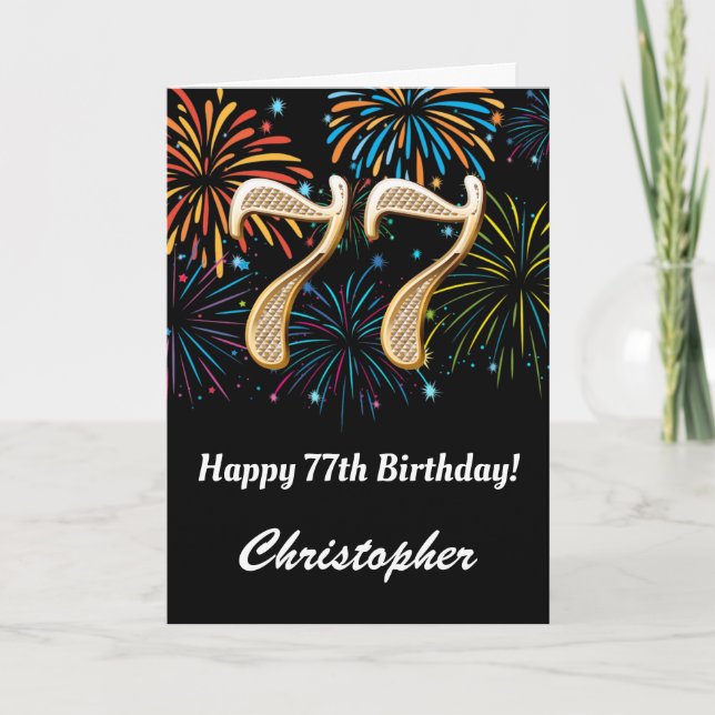 Carte 77e anniversaire Rainbow Fireworks noir et or (Devant)