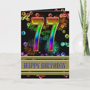 Carte 77ème anniversaire avec bulles arc-en-ciel et feux