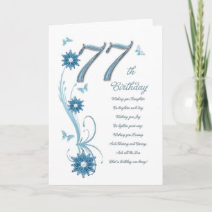 Carte 77ème anniversaire en turquoise avec fleurs et pap