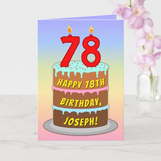 Carte 78e anniversaire — Fun Cake & Candles, avec nom pe (Orchidée)