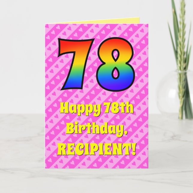 Carte 78e anniversaire : Pink Stripes & Hearts, Arc en c (Devant)