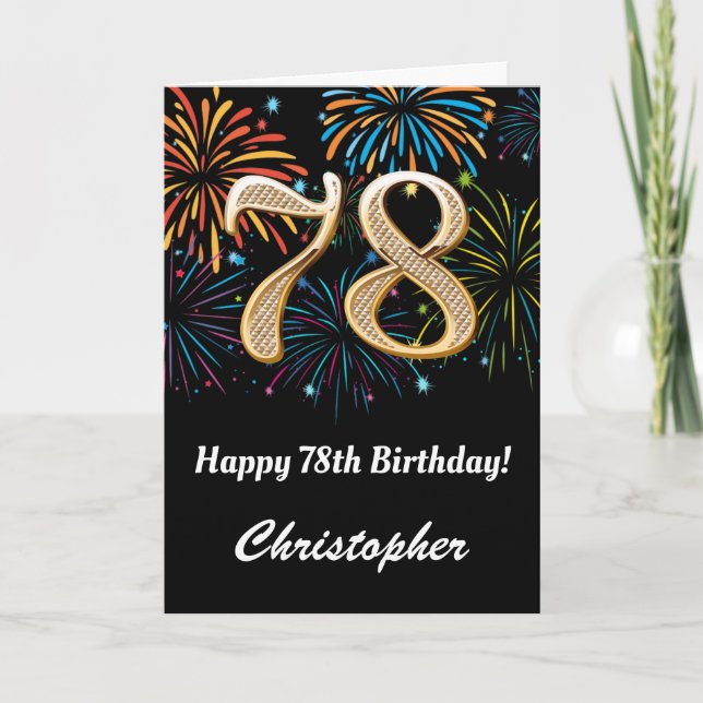 Carte 78e anniversaire Rainbow Fireworks noir et or (Devant)