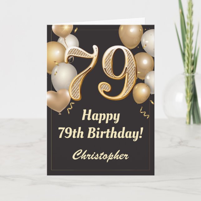 Carte 79e anniversaire Ballons Noir et Or Confetti (Devant)