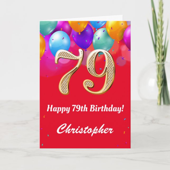 Carte 79e anniversaire Ballons rouges et dorés (Devant)