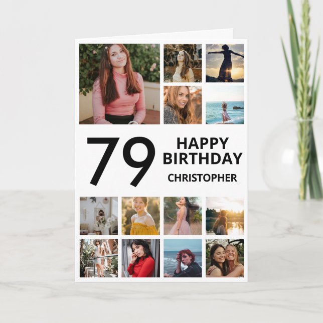 Carte 79e anniversaire Collage photo 13 photos noir blan (Devant)