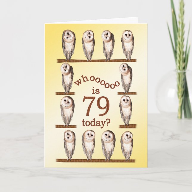 Carte 79e anniversaire, Curious owls card. (Devant)