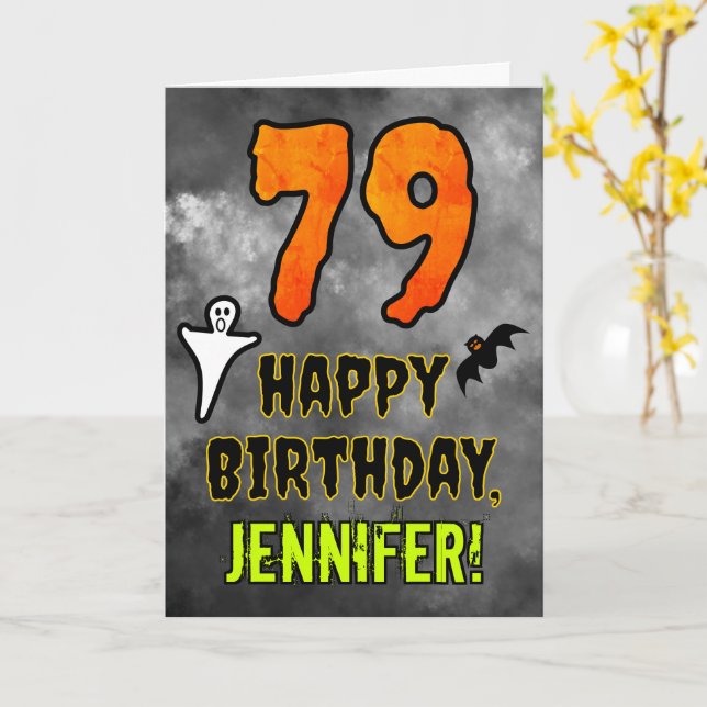 Carte 79e anniversaire : Eerie Halloween Thème + Nom per (Fleur jaune)