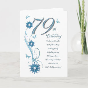 Carte 79e anniversaire en turquoise avec fleurs et papil
