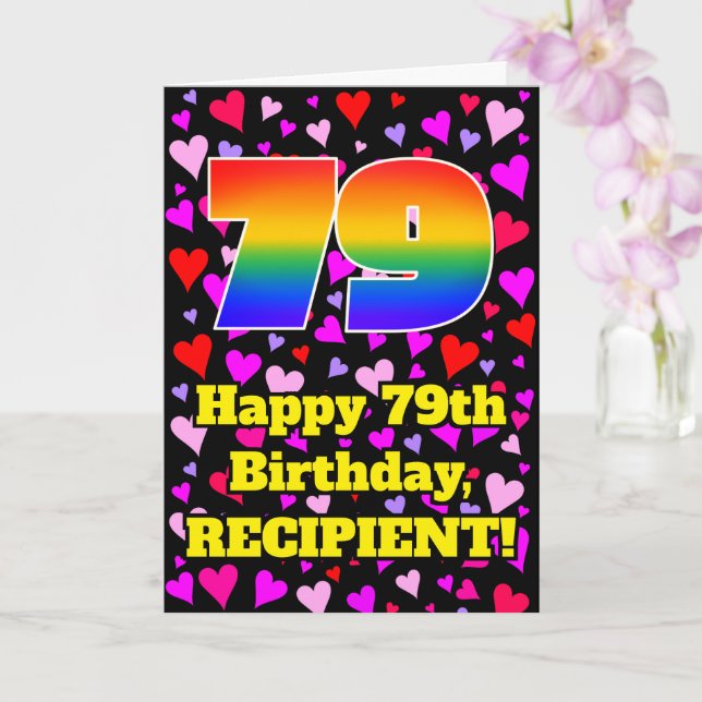 Carte 79e anniversaire : motif de cœurs aimants, arc-en- (Orchidée)