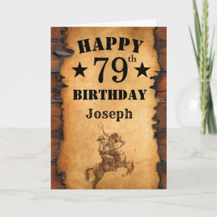 Carte 79e anniversaire Pays rustique Western Cowboy Hors
