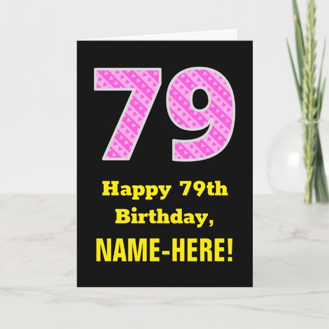 Carte 79e anniversaire : Pink Stripes and Hearts "79" +  (Devant)